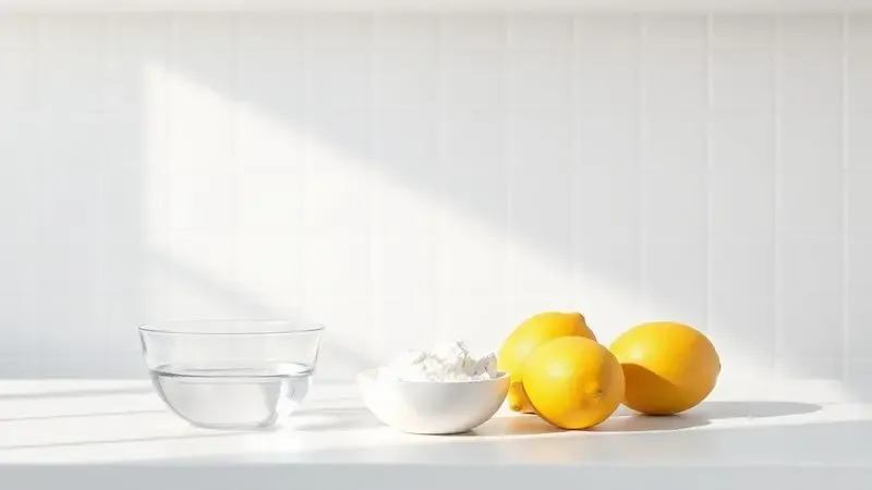 Ilustração 3D de ingredientes naturais de limpeza como bicarbonato, vinagre e limão em uma cozinha minimalista.