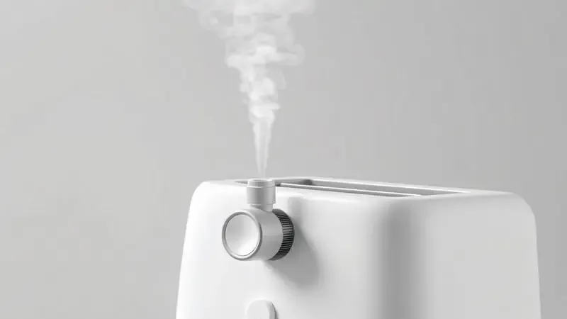 Renderização 3D de uma válvula de panela elétrica liberando vapor de forma controlada, destacando a segurança do processo.