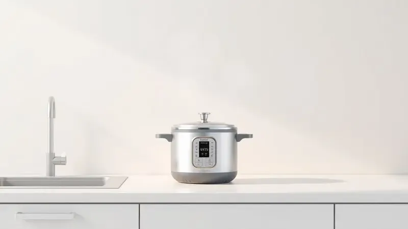 Ilustração 3D conceitual de uma panela de pressão em uma cozinha minimalista liberando vapor de forma suave e controlada.