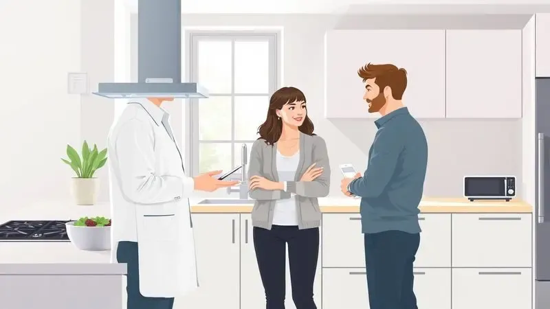 Ilustração conceitual de uma consultoria personalizada de vendas diretas em uma cozinha moderna e minimalista.
