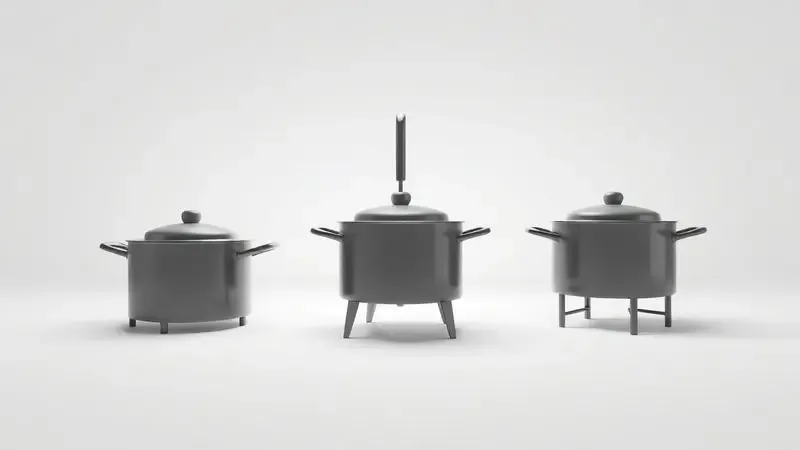 Ilustração conceitual de diferentes silhuetas de panelas mexedoras industriais para comparação de modelos no mercado.