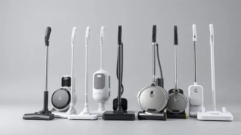 Modelos variados de robôs aspiradores genéricos em uma representação artística 3D minimalista.