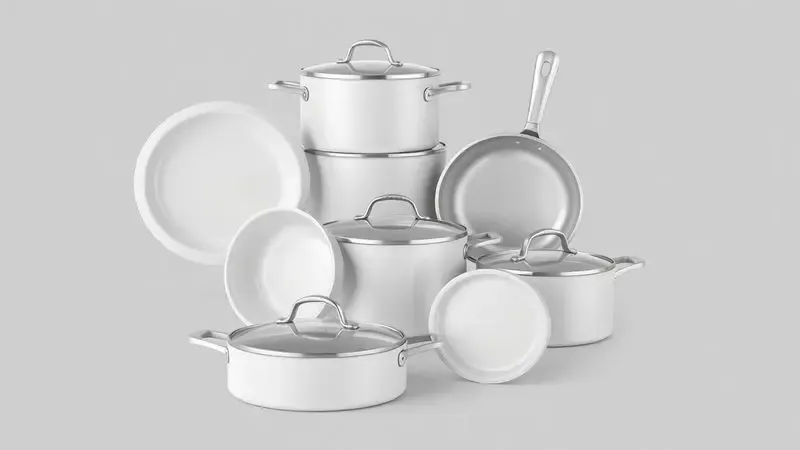 Composição geométrica 3D de diferentes tipos de panelas e utensílios de cozinha em tons neutros e estilo minimalista.