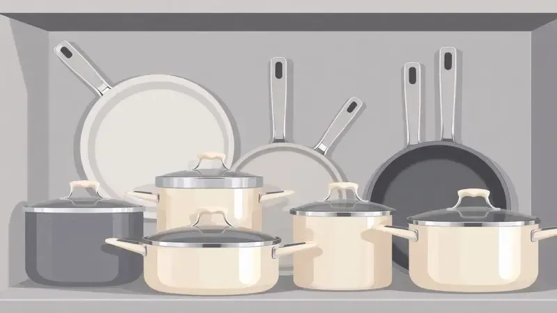 Representação artística de diferentes modelos de panelas de alumínio organizadas em uma prateleira de cozinha minimalista.