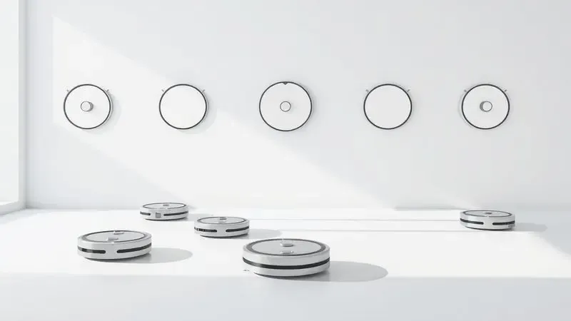 Ilustração conceitual de diferentes formas circulares minimalistas representando a variedade de robôs no mercado.