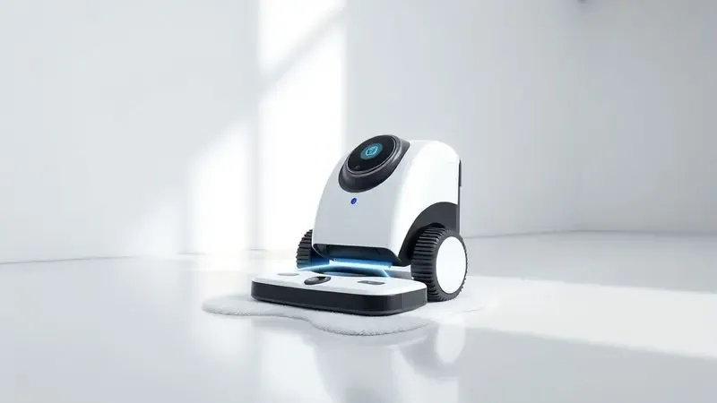 Ilustração 3D de um robô aspirador realizando a limpeza de um piso, destacando as funções de aspirar e passar pano de forma eficiente.