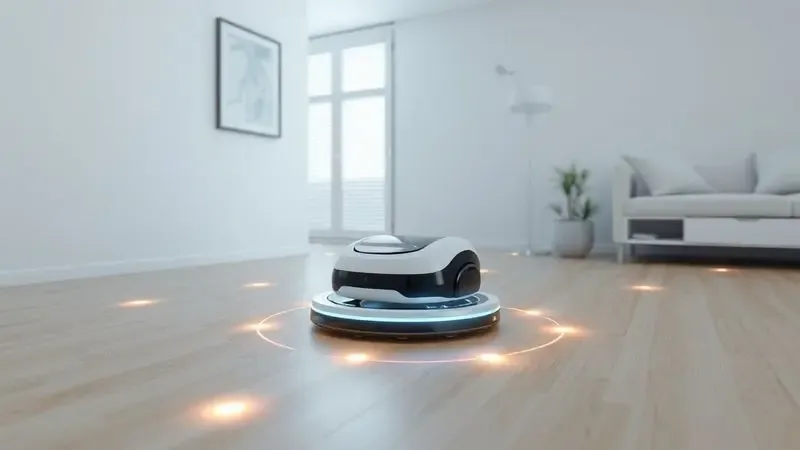 Representação digital de um robô aspirador percorrendo trilhas de limpeza em uma sala de estar minimalista.