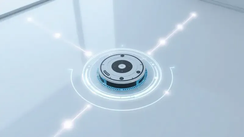 Ilustração 3D mostrando os padrões de movimento e caminhos de navegação de um robô aspirador em um ambiente doméstico.