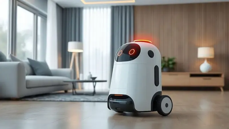 Robô aspirador com luz de status indicando a necessidade de reinicialização em uma sala limpa.