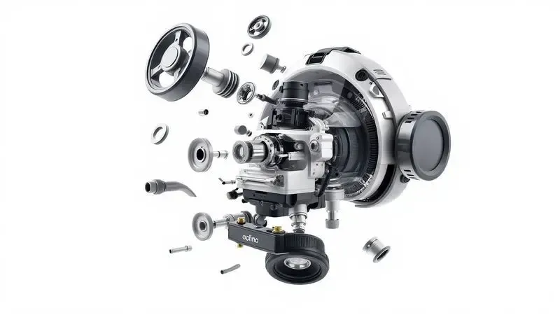 Ilustração em 3D das peças internas de um robô aspirador genérico de forma artística e técnica para diagnóstico.