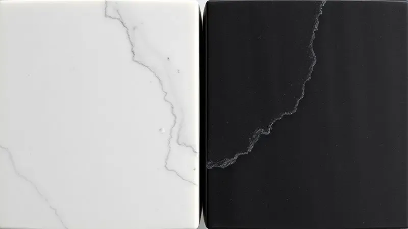 Comparação artística entre a textura da pedra sabão bruta cinza clara e a pedra curada escura e brilhante.