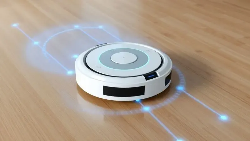 Ilustração de um robô aspirador navegando em um piso de madeira com caminhos de luz azul indicando sensores de mapeamento.
