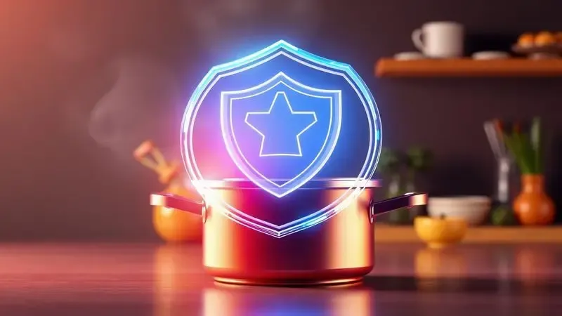 Representação conceitual de segurança para panela de pressão com um escudo brilhante estilizado em uma cozinha moderna.
