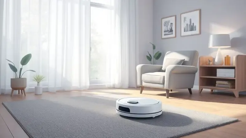 Ilustração digital de uma sala de estar silenciosa com um robô aspirador operando próximo a uma poltrona, sugerindo baixo ruído.