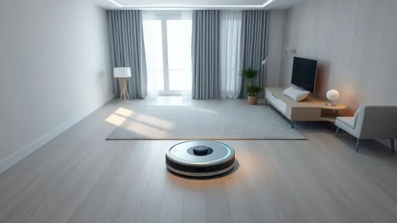 Ilustração digital 3D de um robô aspirador inteligente navegando em uma sala de estar minimalista e moderna.