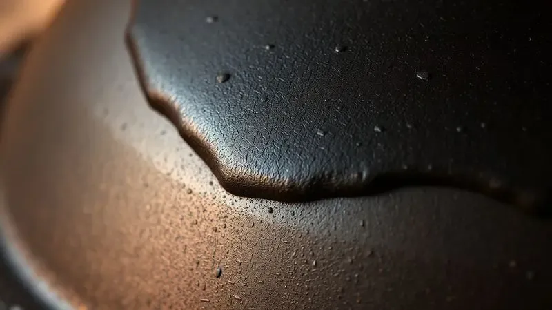 Ilustração digital detalhando a formação da camada protetora de pátina negra sobre a superfície de metal de uma panela de ferro.