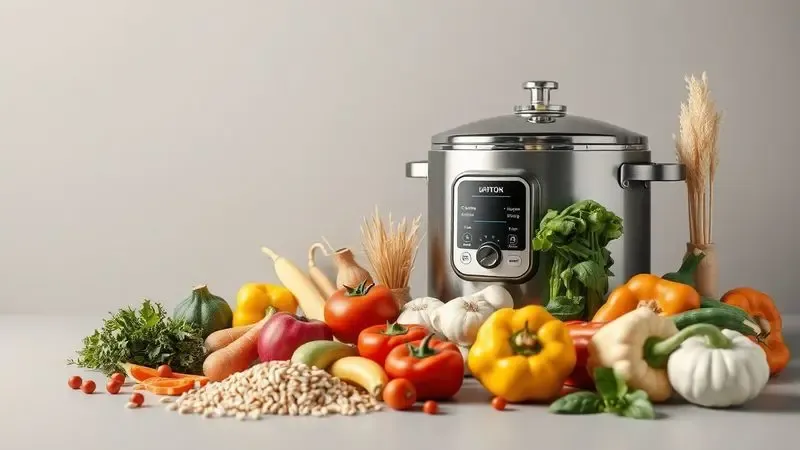 Ilustração 3D de ingredientes frescos e vegetais coloridos organizados de forma artística ao lado de um aparelho de cocção.
