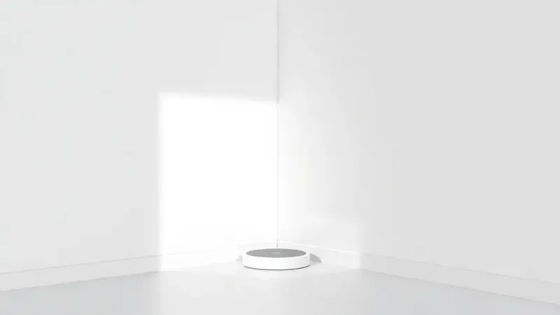 Ilustração digital de uma base de carregamento posicionada em um canto de sala amplo e organizado, respeitando o espaço livre.