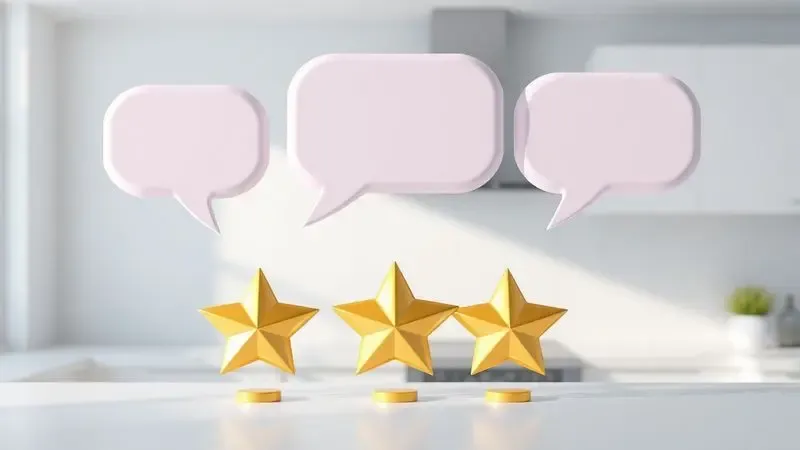 Render 3D de balões de fala e estrelas de avaliação simbolizando o feedback positivo dos consumidores.