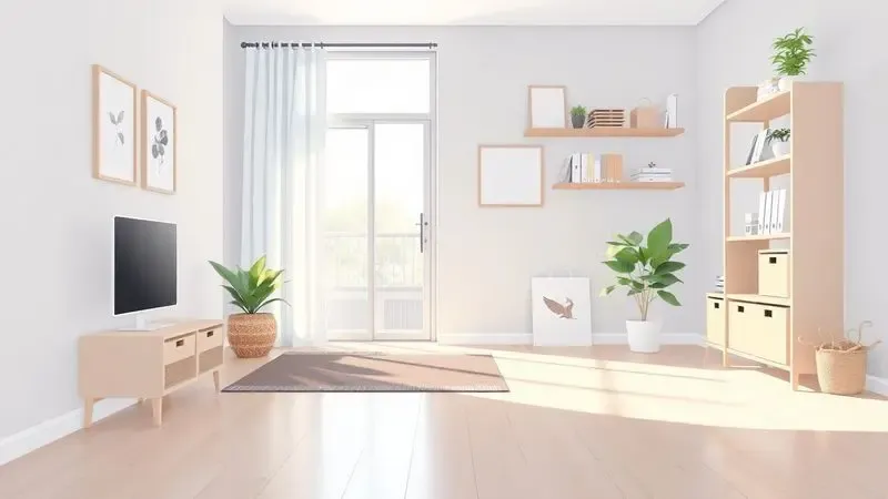 Ilustração de um ambiente doméstico moderno e ensolarado, representando a satisfação de uma casa limpa e organizada.