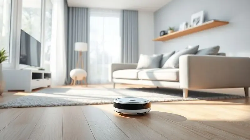 Ilustração de um robô aspirador operando de forma autônoma em uma sala de estar ensolarada e minimalista.