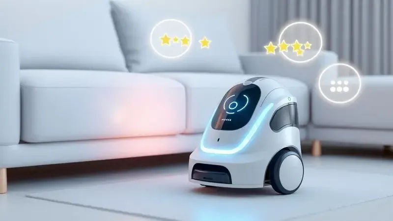 Ilustração conceitual de um robô aspirador com ícones de avaliação positiva e estrelas flutuando em uma sala.