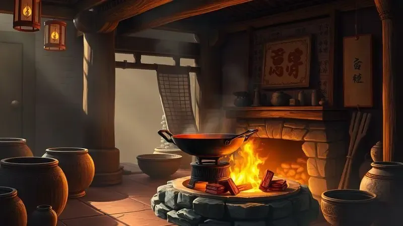 Ilustração artística de uma panela wok tradicional em um fogão de pedra antigo com fogo a lenha, remetendo às origens asiáticas.