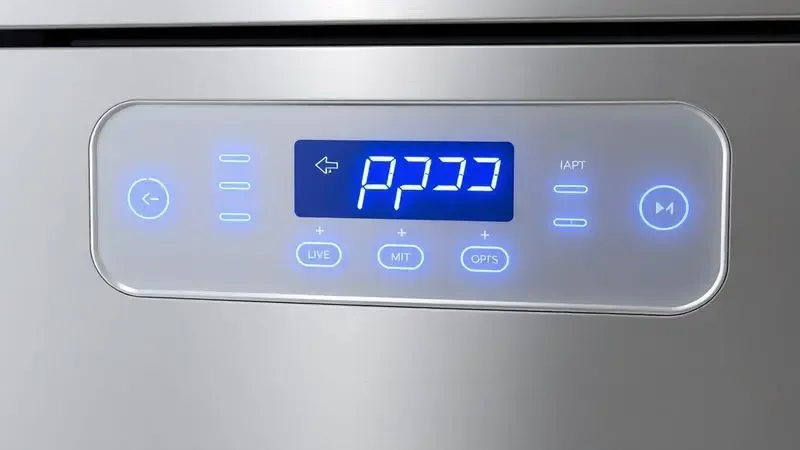 Ilustração 3D detalhada de um painel digital moderno de eletrodoméstico com botões e visor LED azul.