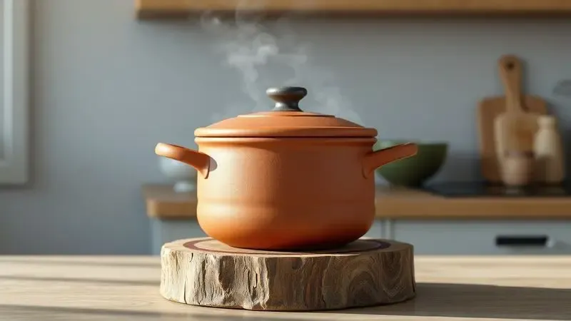 Panela de barro descansando sobre um suporte de madeira com vapor suave, ilustrando o processo de resfriamento seguro.
