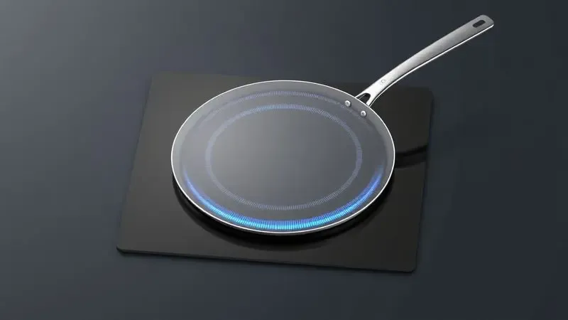 Ilustração 3D conceitual de uma panela sobre um fogão de indução moderno com ondas de energia azul suaves.