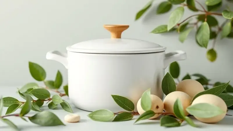 Panela de cerâmica rodeada por elementos naturais e folhas verdes, simbolizando uma cozinha saudável e segura.