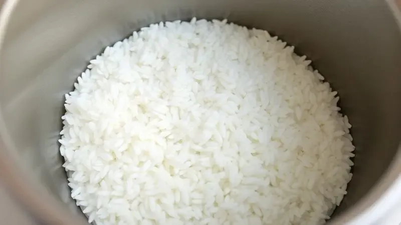 Renderização 3D de arroz branco soltinho dentro de uma panela profunda com revestimento cerâmico limpo e minimalista.
