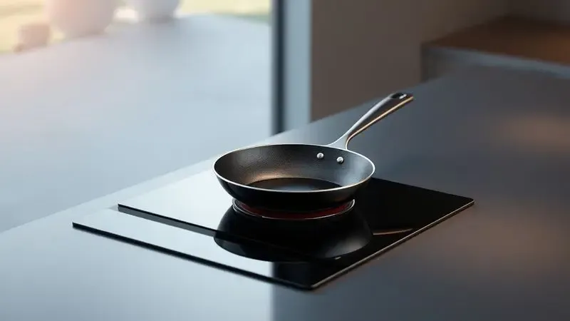 Ilustração artística de uma panela minimalista sobre um cooktop de indução moderno com superfície de vidro preto.