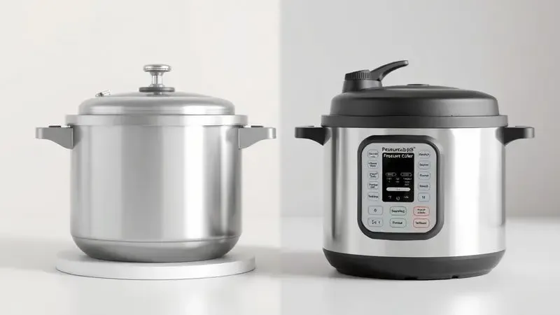 Comparativo visual entre uma panela de pressão convencional e uma panela de pressão elétrica em estilo 3D minimalista.
