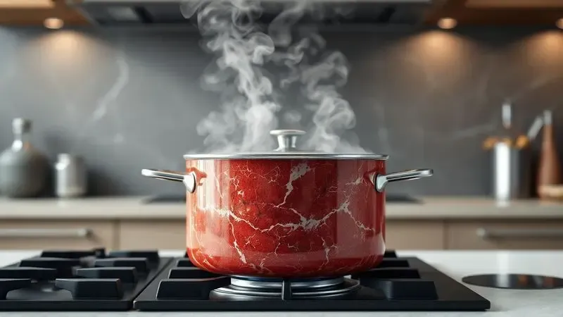 Panela com textura marmorizada vermelha soltando vapor em um fogão moderno e minimalista.