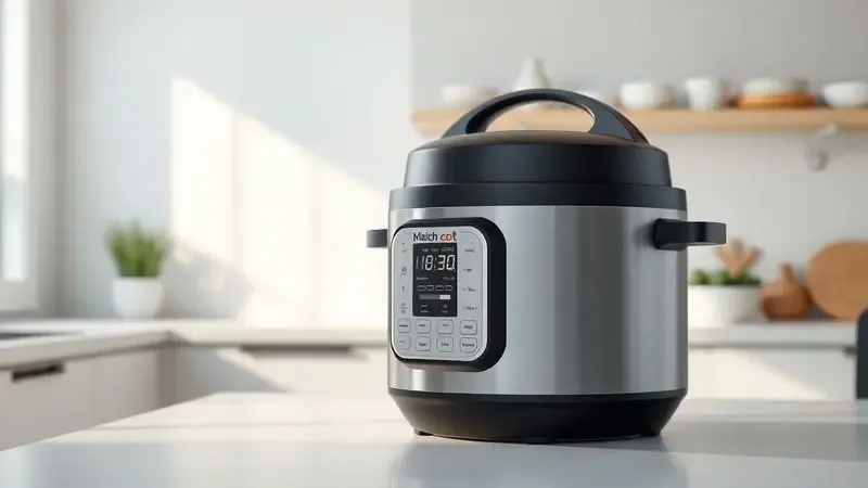Renderização 3D de uma panela de pressão elétrica sofisticada em ambiente de cozinha minimalista.