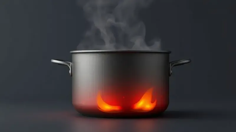 Ilustração 3D conceitual mostrando a retenção de calor em uma panela de metal com ondas térmicas.