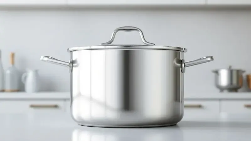 Uma panela de aço inoxidável com acabamento polido e reflexos suaves em um ambiente de cozinha minimalista.