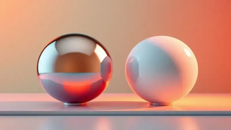 Comparação visual entre materiais de cozinha representados por esferas de metal polido e cerâmica fosca em 3D.