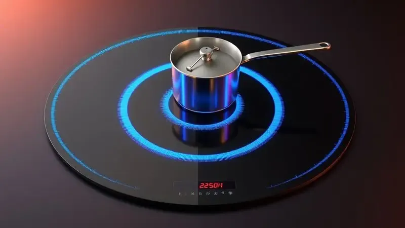 Representação 3D de um fogão de indução moderno com anéis de energia, destacando a compatibilidade de panelas.