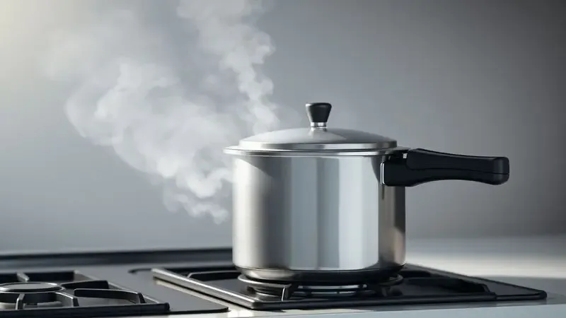 Ilustração mostrando vapor escapando pela lateral de uma panela de pressão.