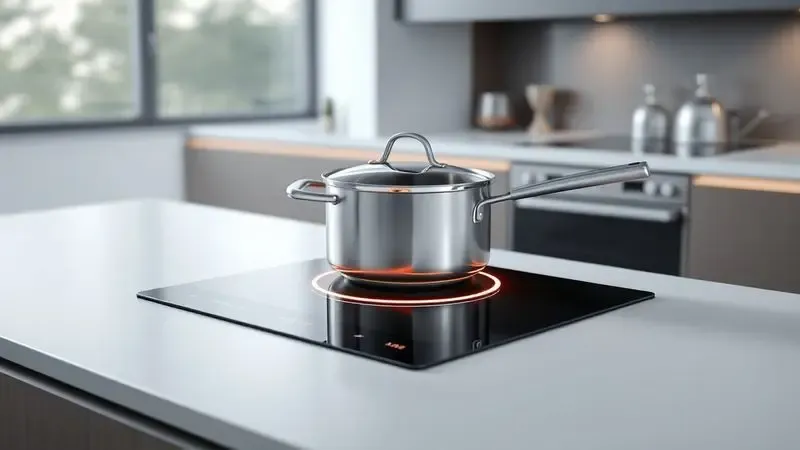 Representação artística de uma panela sobre uma superfície de indução moderna com ondas de calor conceituais.