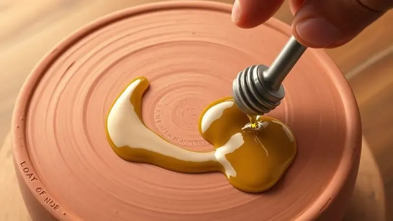 Ilustração digital mostrando o processo conceitual de cura de uma panela de barro com óleo vegetal.