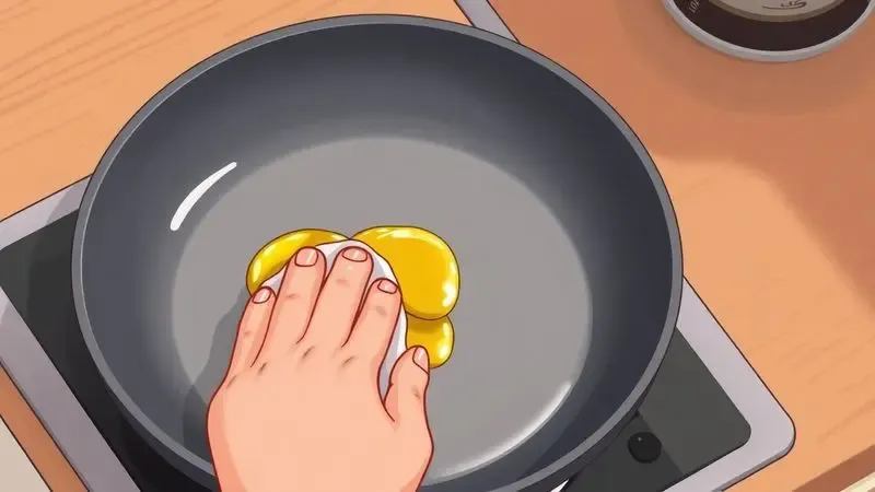 Ilustração conceitual do processo de cura de uma panela antiaderente nova com um fio de óleo e pano macio.