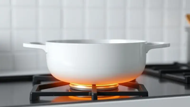 Renderização artística de uma panela sendo aquecida suavemente em um fogão moderno para o processo de cura inicial.