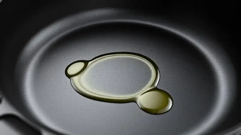 Renderização 3D demonstrando a aplicação de óleo em uma panela de ferro para o processo de temperagem e cura natural.