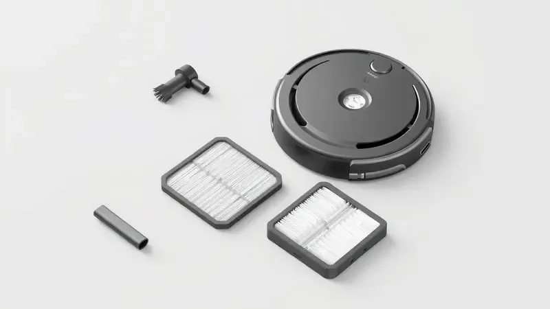 Ilustração de peças de reposição genéricas para aspirador robô como escovas laterais e filtros dispostos em fundo neutro.