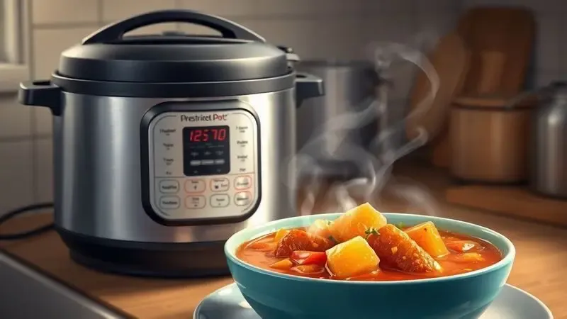 Ilustração artística de um ensopado fumegante ao lado de uma panela de pressão elétrica, representando resultados culinários.