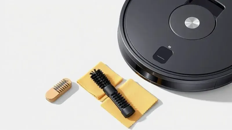 Conjunto de ferramentas de limpeza e manutenção ao lado de um aspirador robô para ilustrar cuidados preventivos e dúvidas comuns.