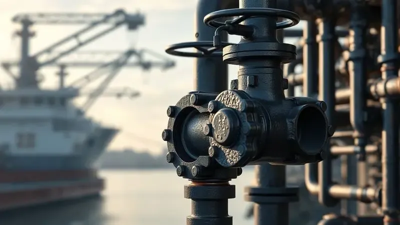 Ilustração artística de válvulas industriais com revestimento de teflon para proteção contra corrosão em ambientes offshore.
